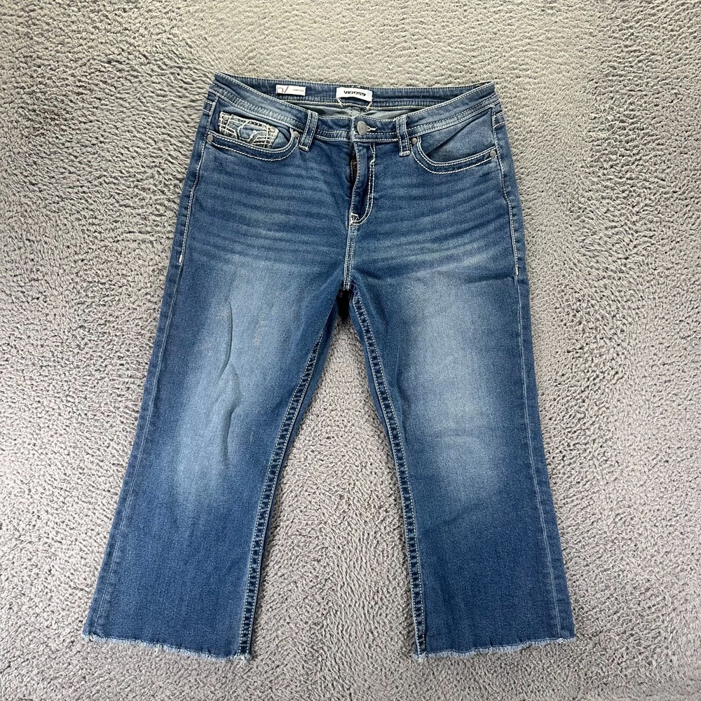 Vigoss Jeans Womens 14 Blue Cotton Denim Bootcut Cropped Whiskered Frayed Hem